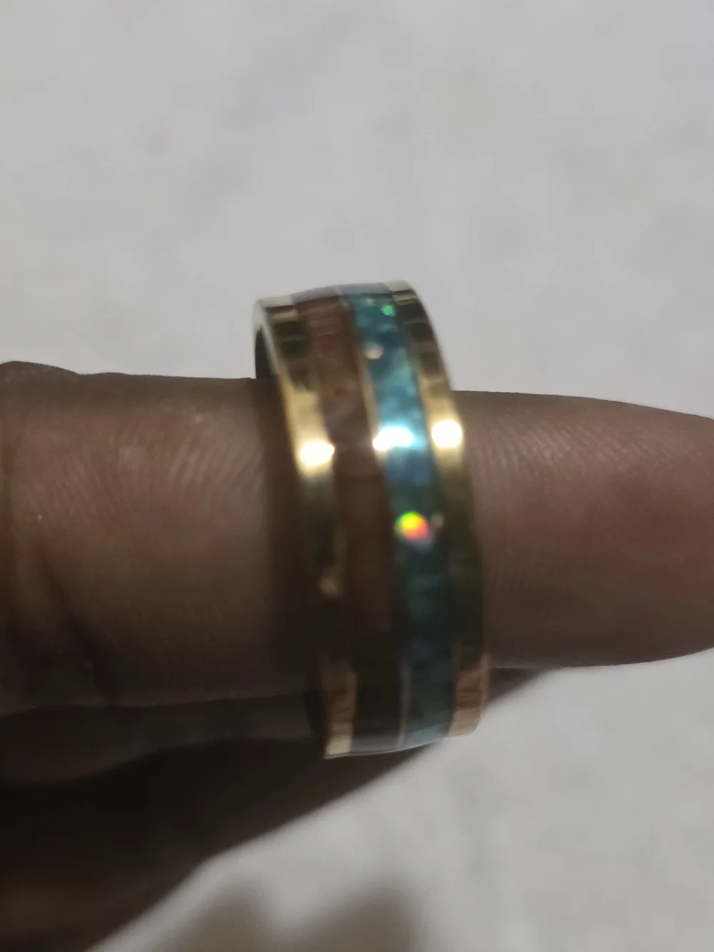 Gold-Tone Ring with Turquoise Inlay and Wood Accent - men's Jewelry